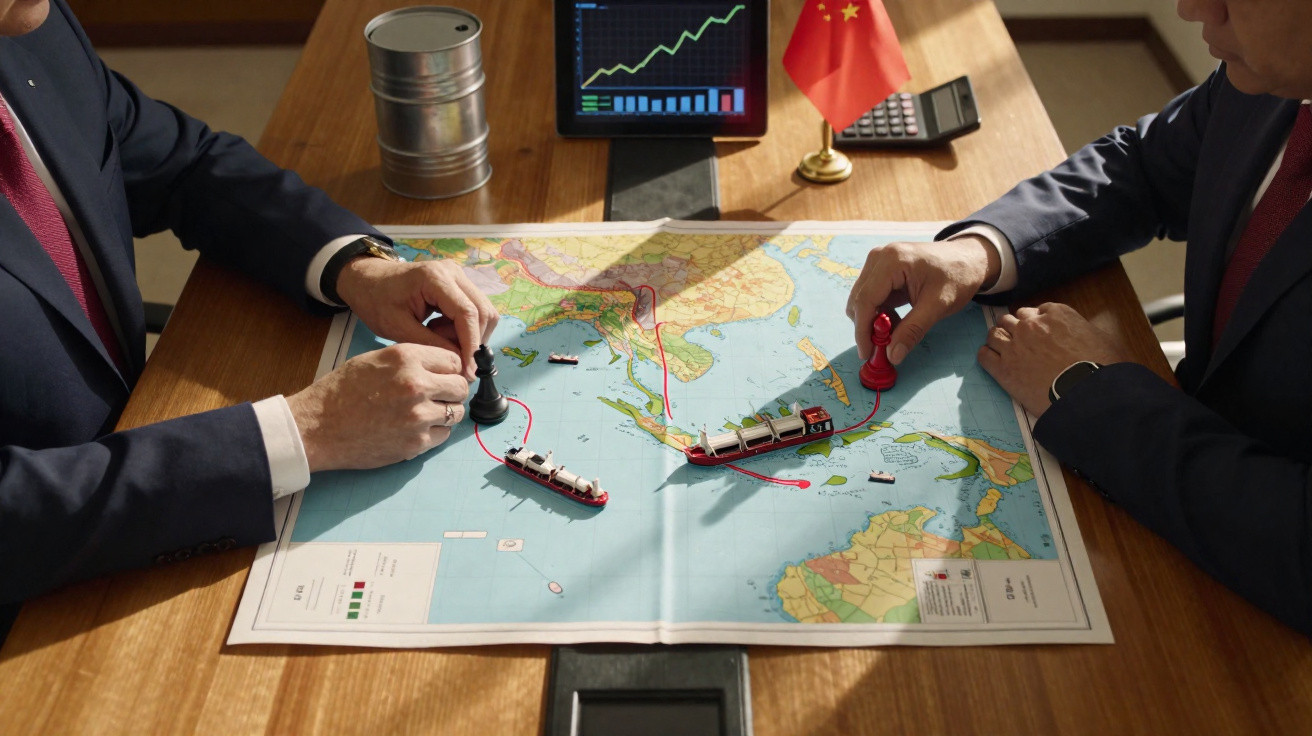 Duas pessoas com fatos a jogar peças de xadrez sobre um mapa náutico com miniaturas de navios e bandeira chinesa.