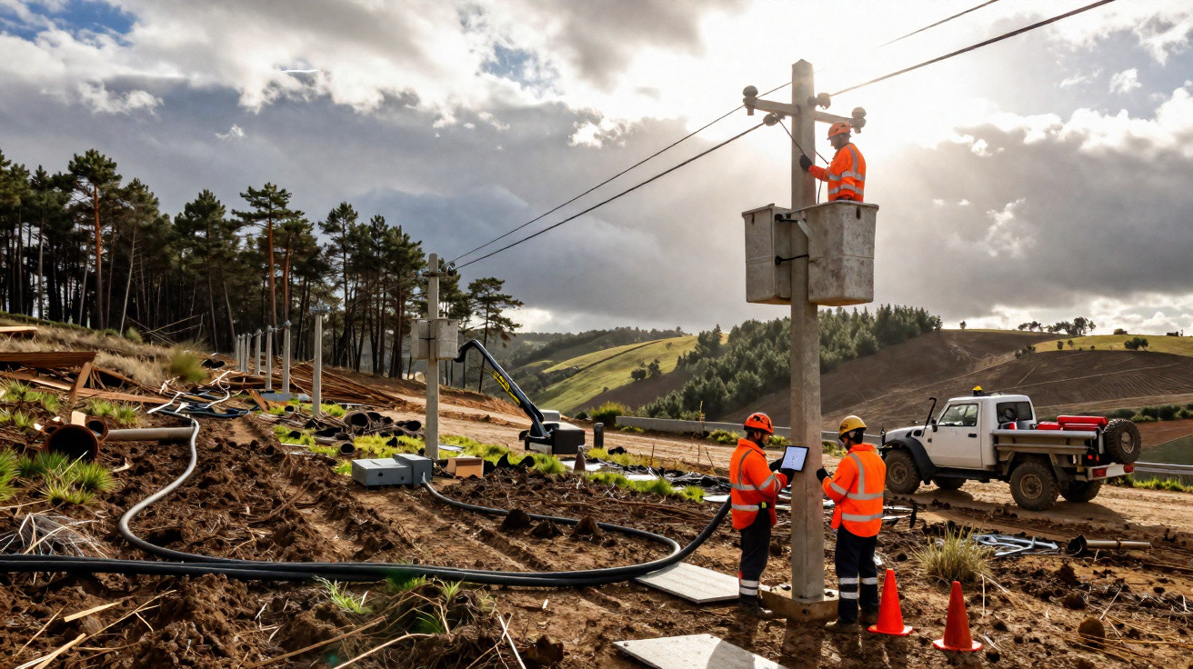 Operários em coletes laranja a instalar postes de eletricidade numa paisagem rural com colinas e árvores.