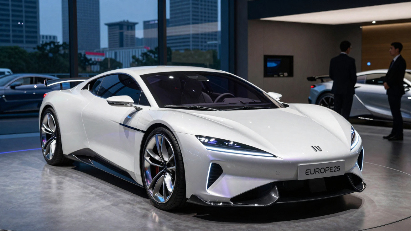 Carro desportivo elétrico branco exposto em salão automóvel com fundo urbano e duas pessoas ao lado.