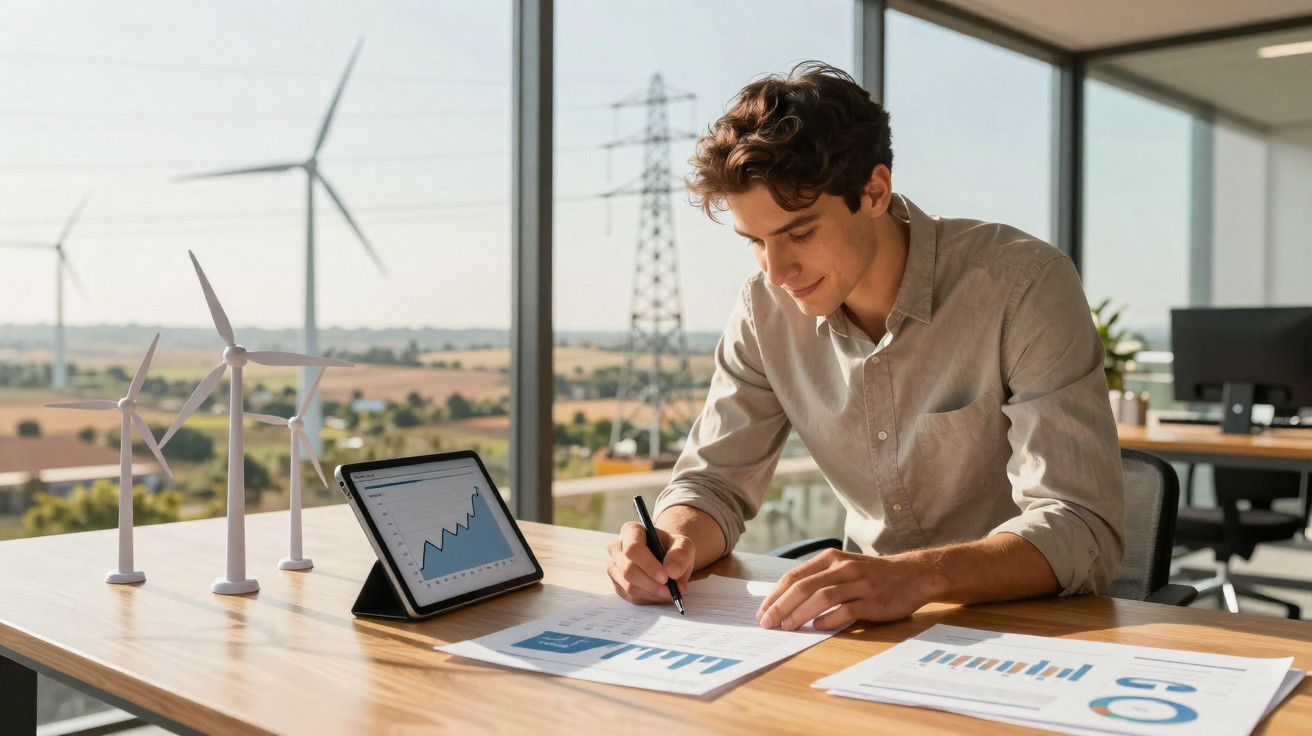 Homem a analisar gráficos e dados sobre energia eólica num escritório com vista para turbinas eólicas.