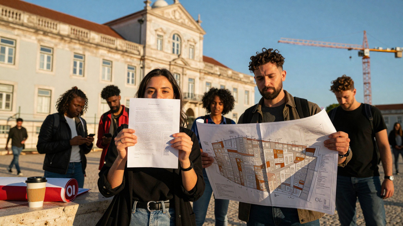 Jovens estudantes a analisar plantas e documentos ao ar livre com edifício histórico ao fundo.