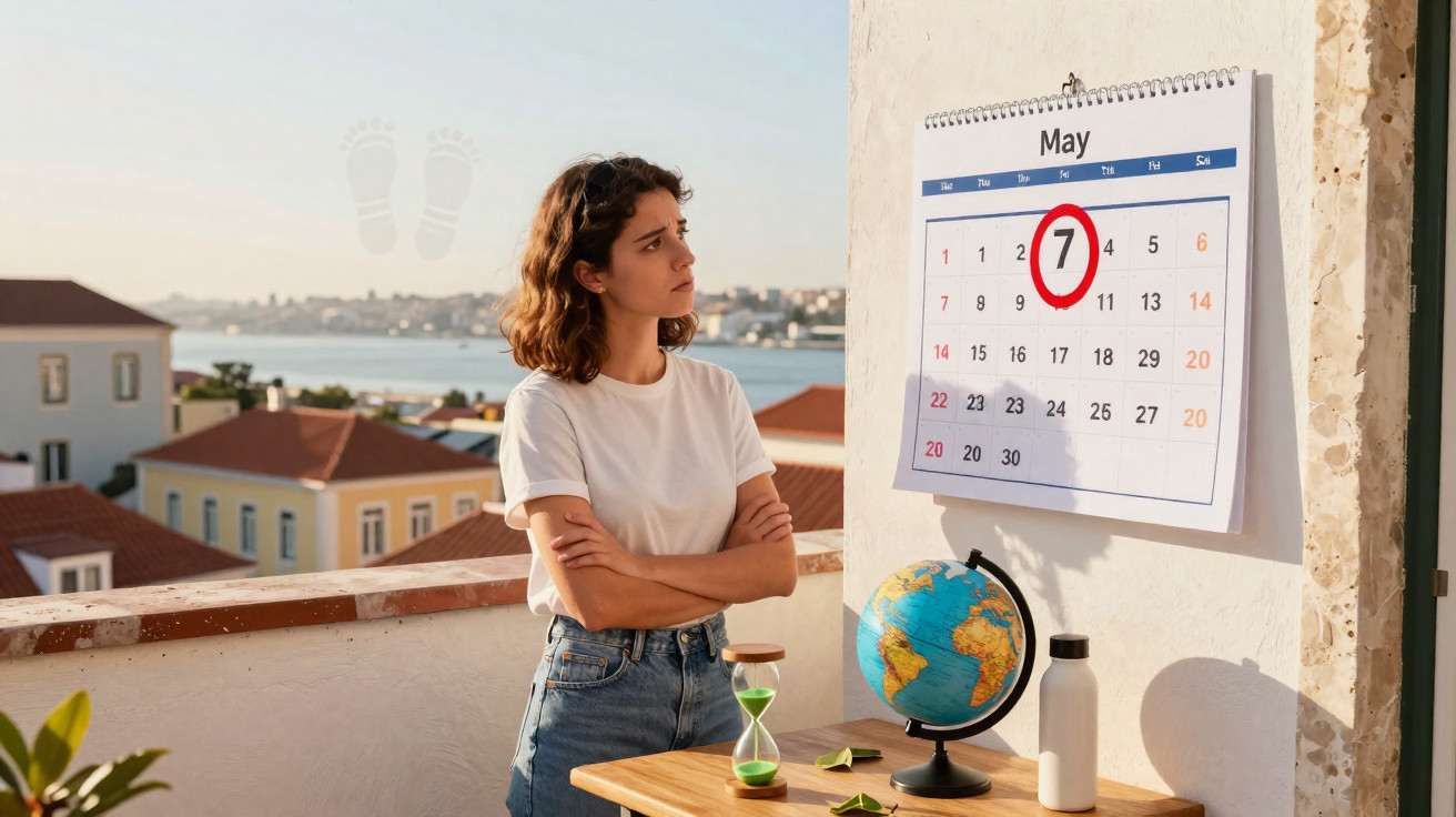 Mulher de olhar pensativo observa calendário com data 7 de maio marcada, em espaço com mesa, globo e ampulheta.