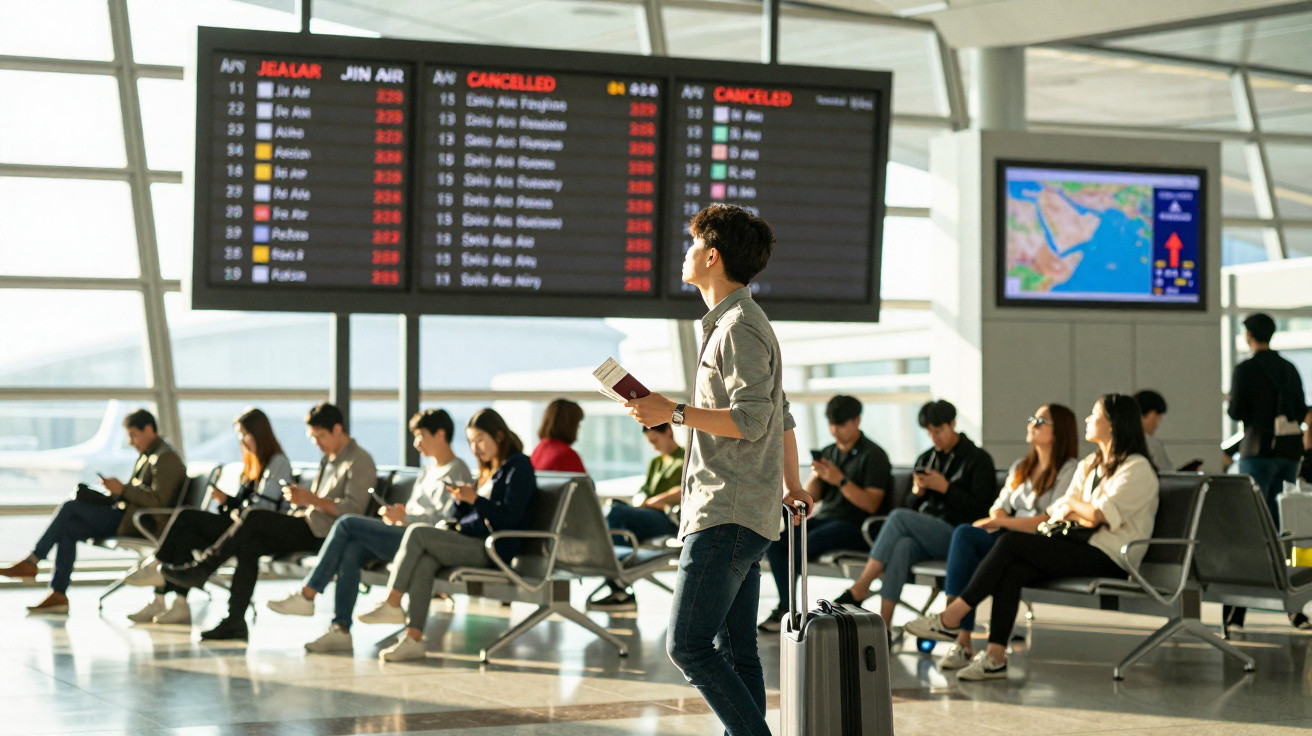 Passageiro com mala a observar painel de voos cancelados numa sala de espera de aeroporto moderna.