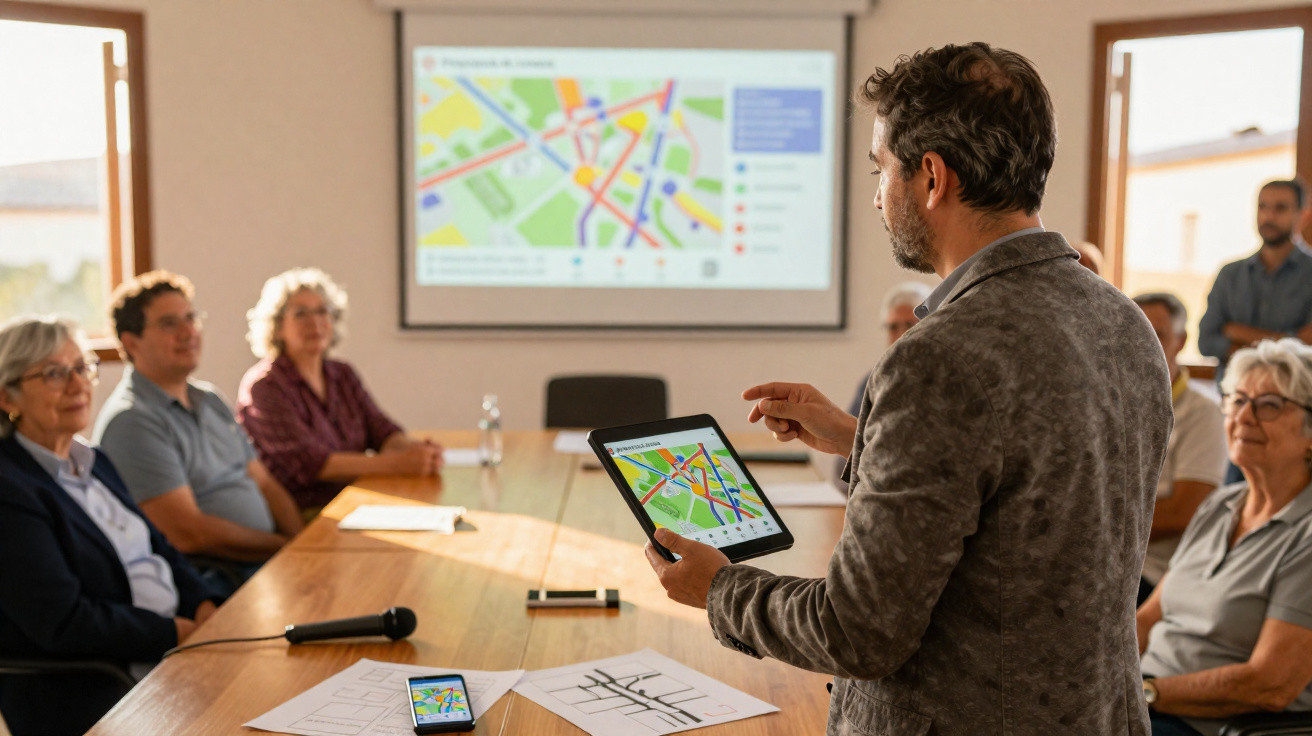 Homem apresenta mapa digital a grupo de adultos numa reunião numa sala de conferências.