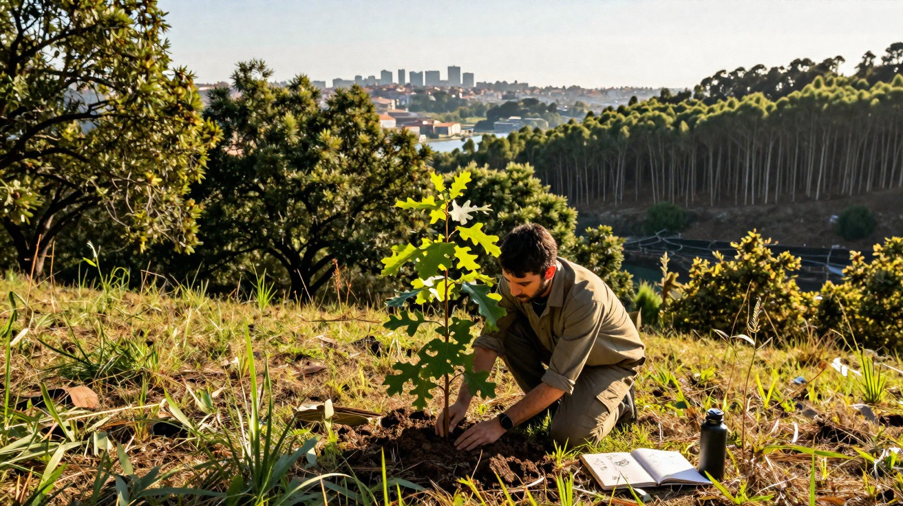 Homem a plantar uma árvore numa encosta com floresta e cidade ao fundo, sob luz do sol.