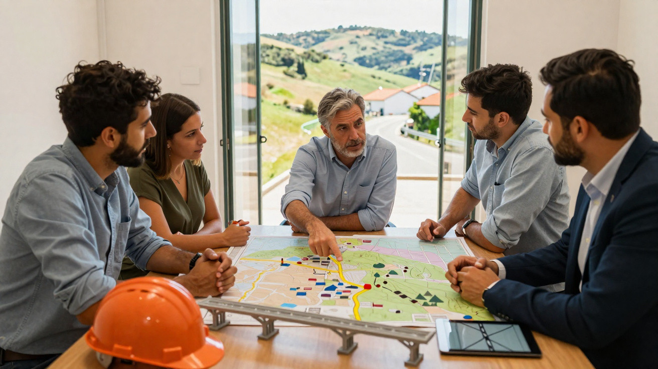 Grupo de engenheiros a analisar mapa de projeto numa sala com vista para colinas.