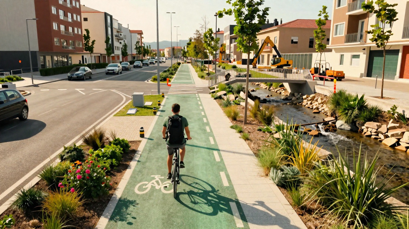 Pessoa de costas a andar de bicicleta numa ciclovia verde junto a um ribeiro e prédios residenciais.