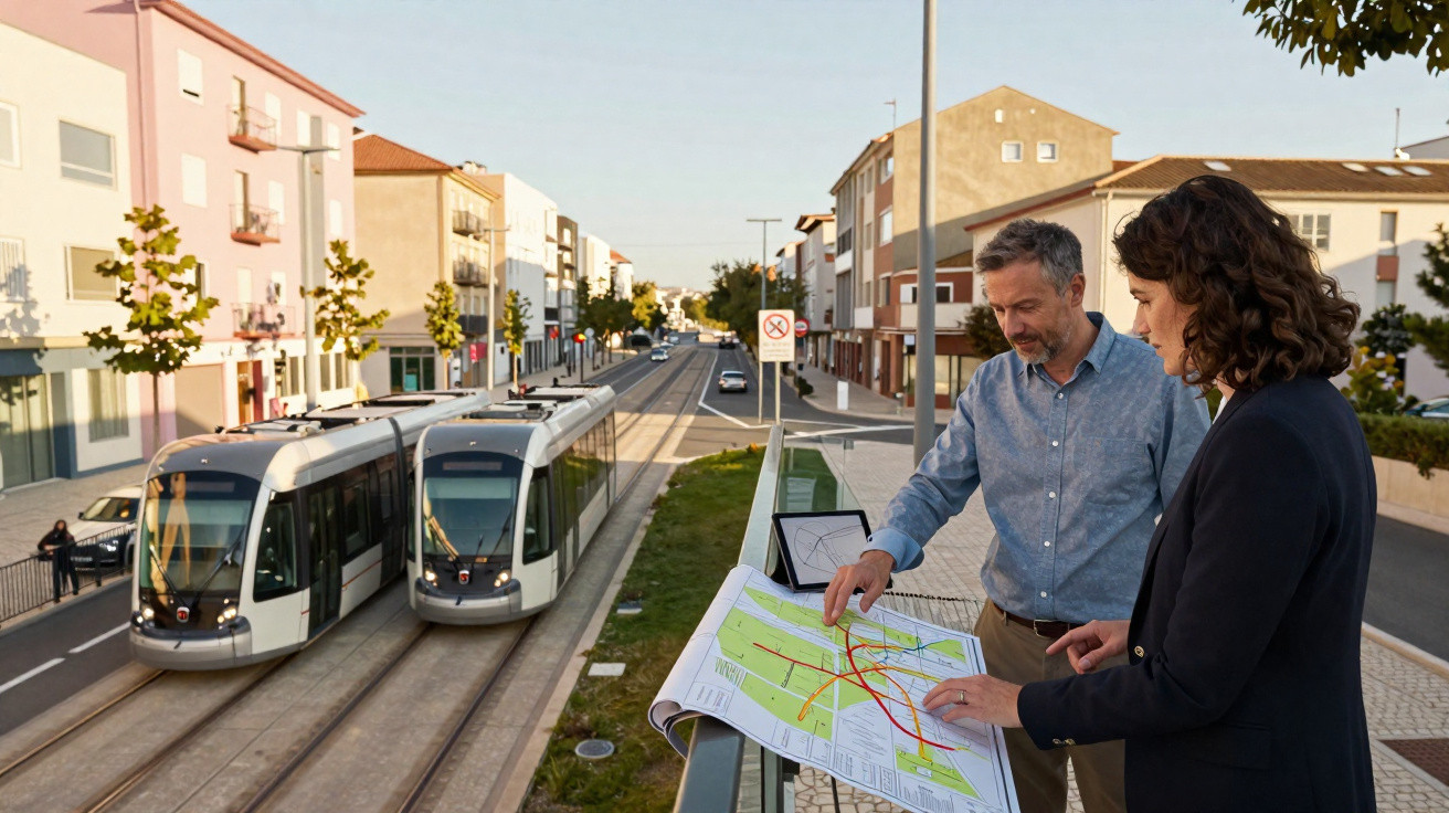 Duas pessoas analisam uma planta na rua junto a duas composições de elétricos numa zona urbana.