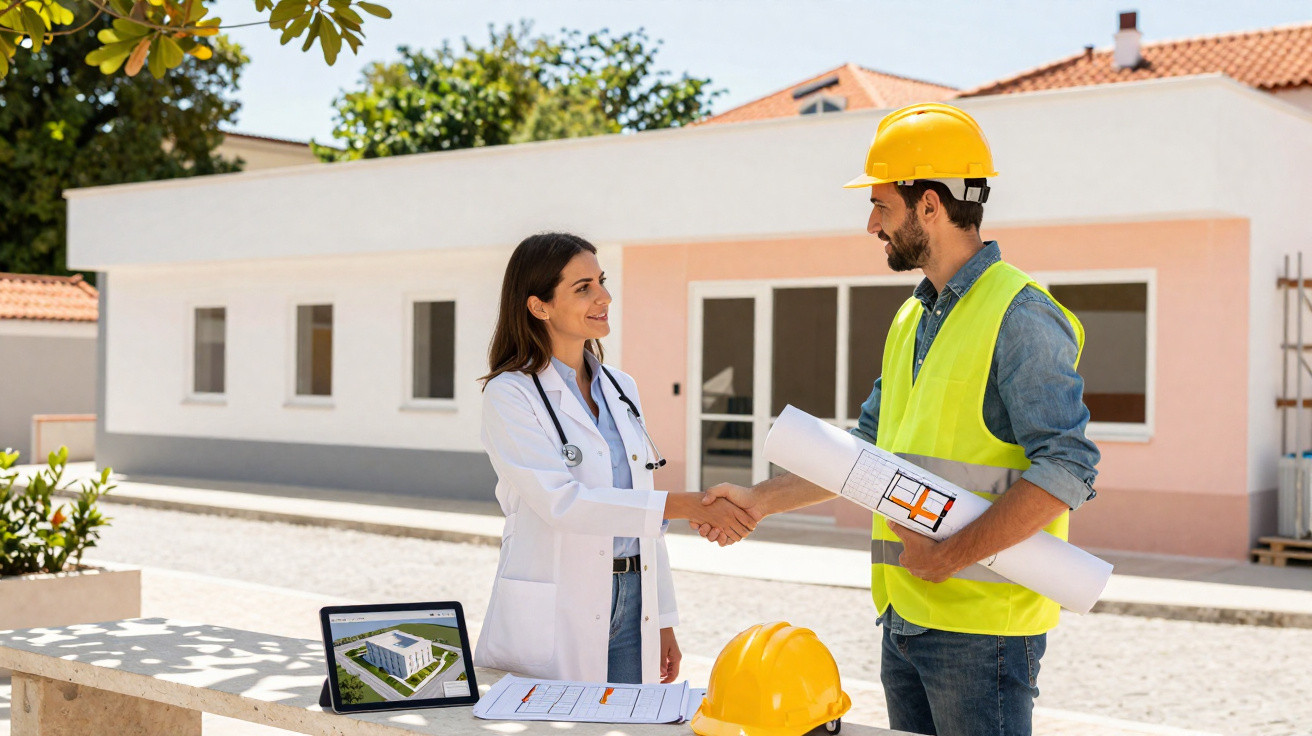 Doutora e engenheiro a cumprimentarem-se em obra com capacetes e plantas de construção.