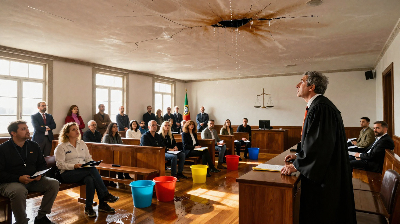 Sala de tribunal com várias pessoas sentadas e advogados, teto com buraco e baldes no chão para apanhar água.