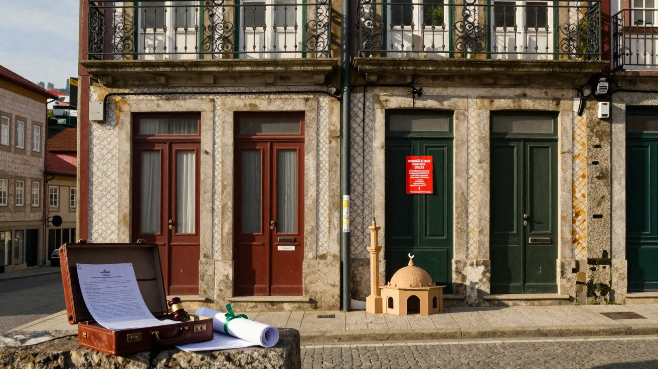 Rua de pedra com portas antigas, mala aberta com documentos e maquete de mesquita na calçada.