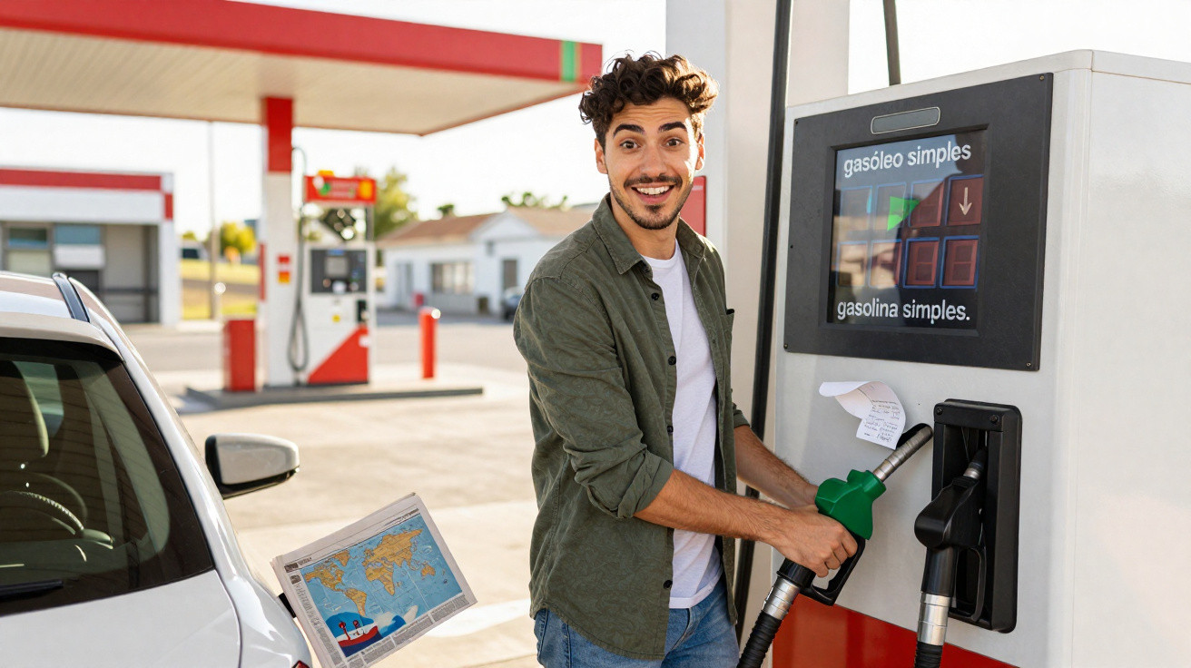 Homem sorridente a abastecer carro com gasolina numa bomba de posto combustível ao ar livre.