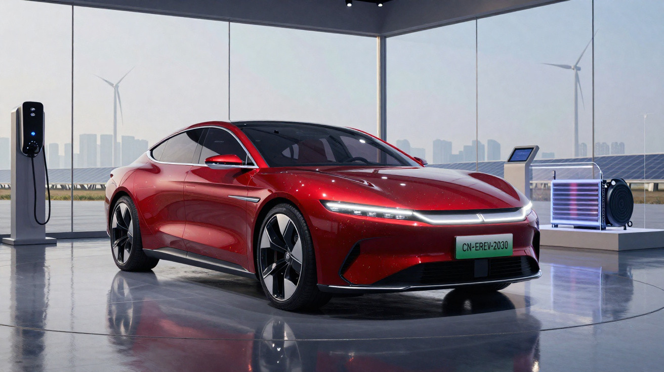 Carro elétrico vermelho num showroom moderno com turbinas eólicas e painéis solares ao fundo.