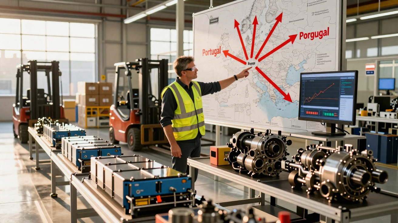 Homem com colete de segurança aponta para mapa da Europa em fábrica, destacando Portugal e rotas de exportação.