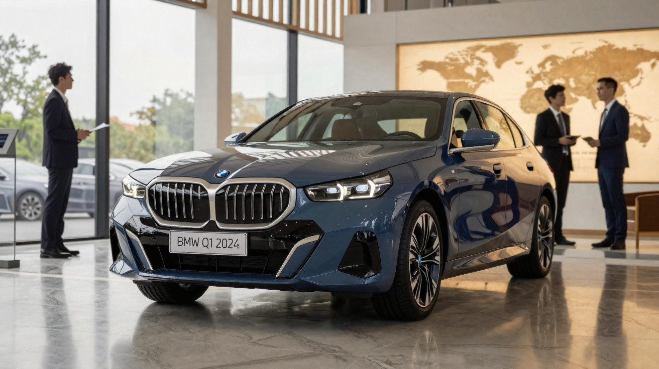 BMW Q1 2024 azul numa exposição interior, com quatro homens a conversar ao fundo junto a uma parede com mapa mundi.