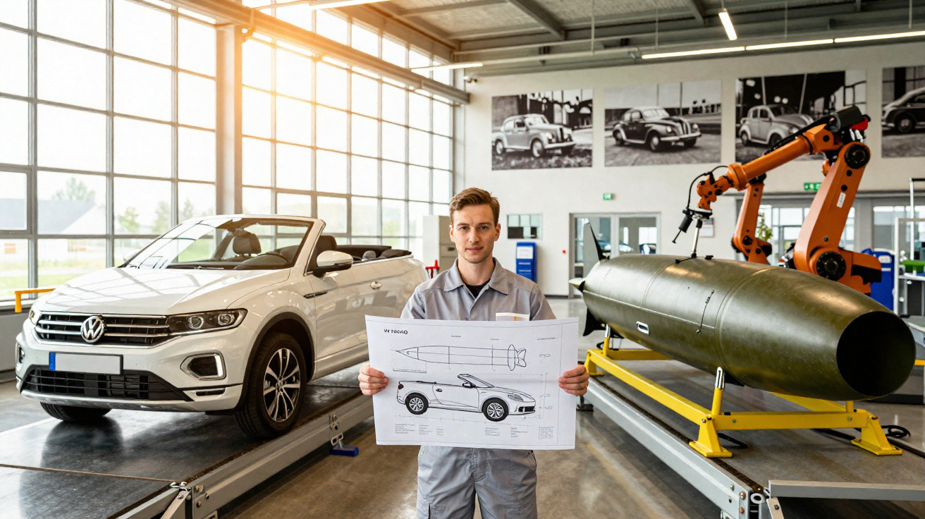 Engenheiro mostra planta de carro elétrico numa oficina com carro e componentes industriais ao fundo.