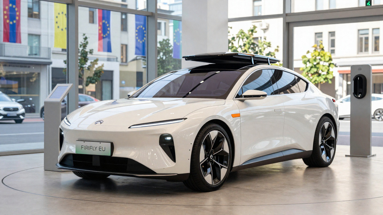 Carro elétrico branco estacionado numa sala de exibição, com teto equipado e painel de carregamento elétrico.