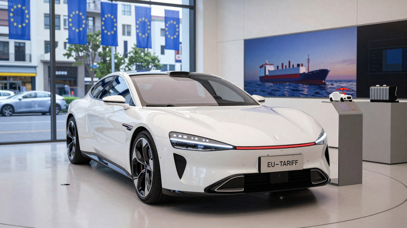 Carro elétrico branco moderno em exposição interior com bandeiras da União Europeia ao fundo.