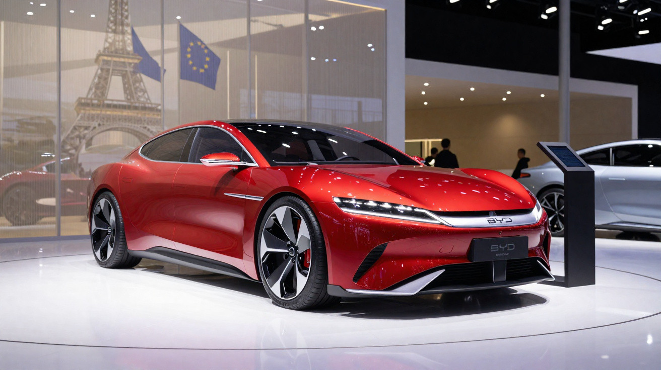 Carro elétrico desportivo vermelho numa exposição automóvel com a Torre Eiffel em fundo.