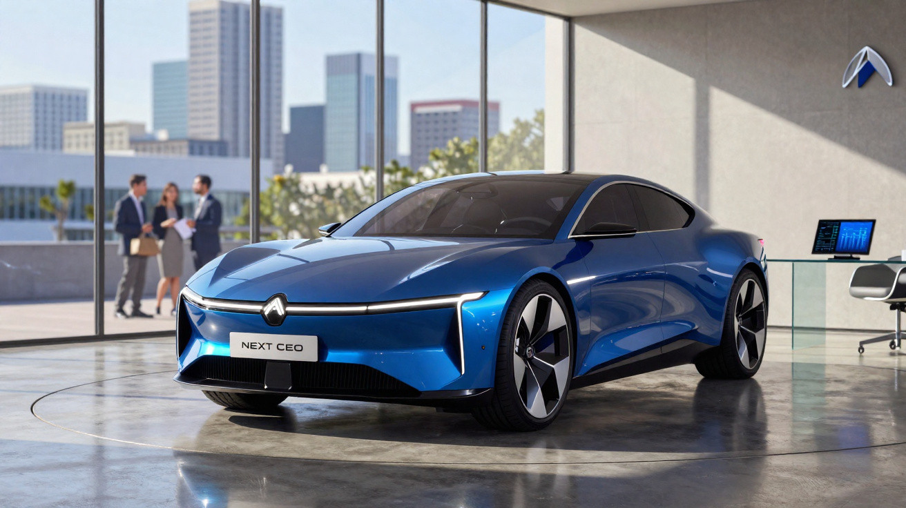 Carro elétrico azul Next CEO estacionado numa sala moderna com grandes janelas e vista urbana.