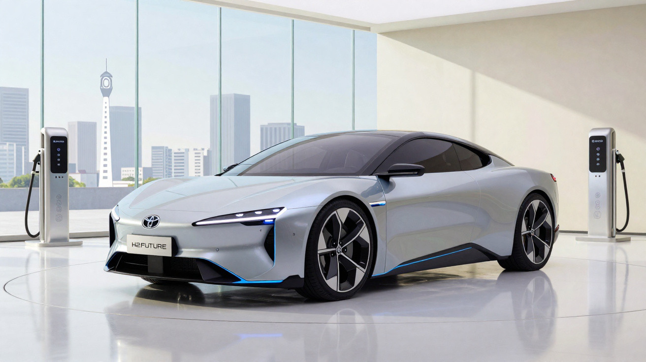 Carro elétrico desportivo cinzento estacionado numa sala moderna com carregadores elétricos junto a janelas panorâmicas.