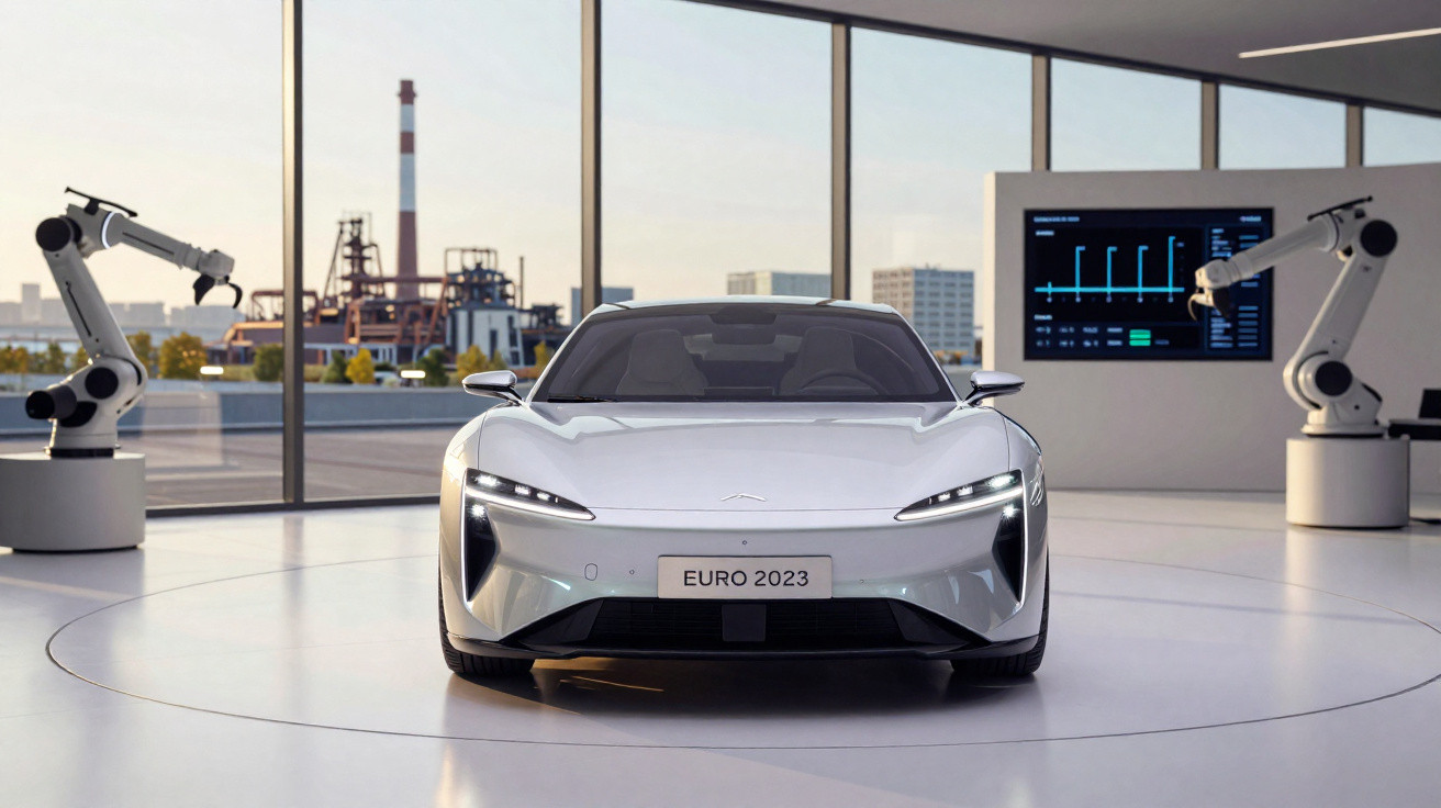 Carro elétrico branco moderno numa sala tecnológica com braços robóticos e janelas amplas.