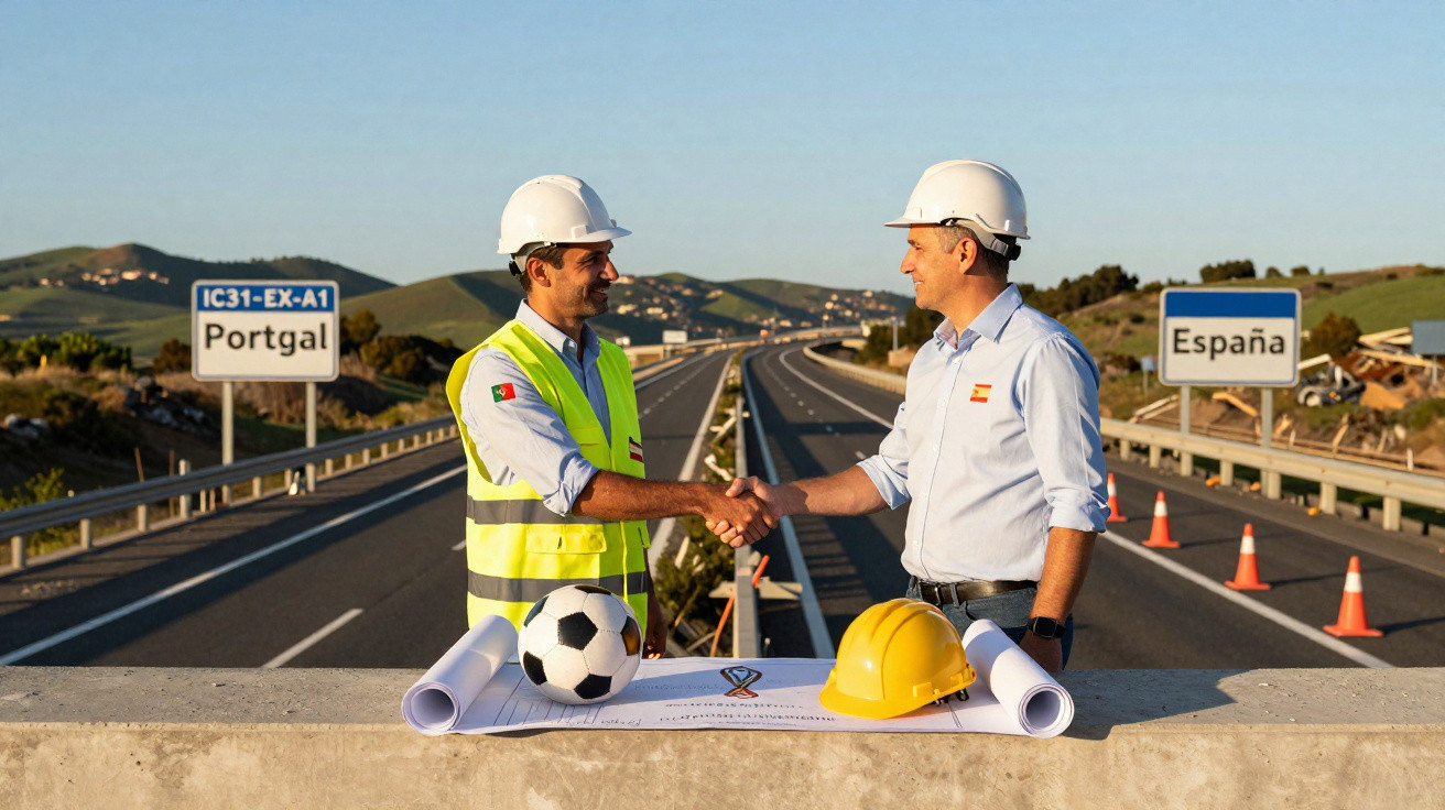 Dois engenheiros a cumprimentarem-se numa fronteira rodoviária entre Portugal e Espanha, com capacetes e planos de construção