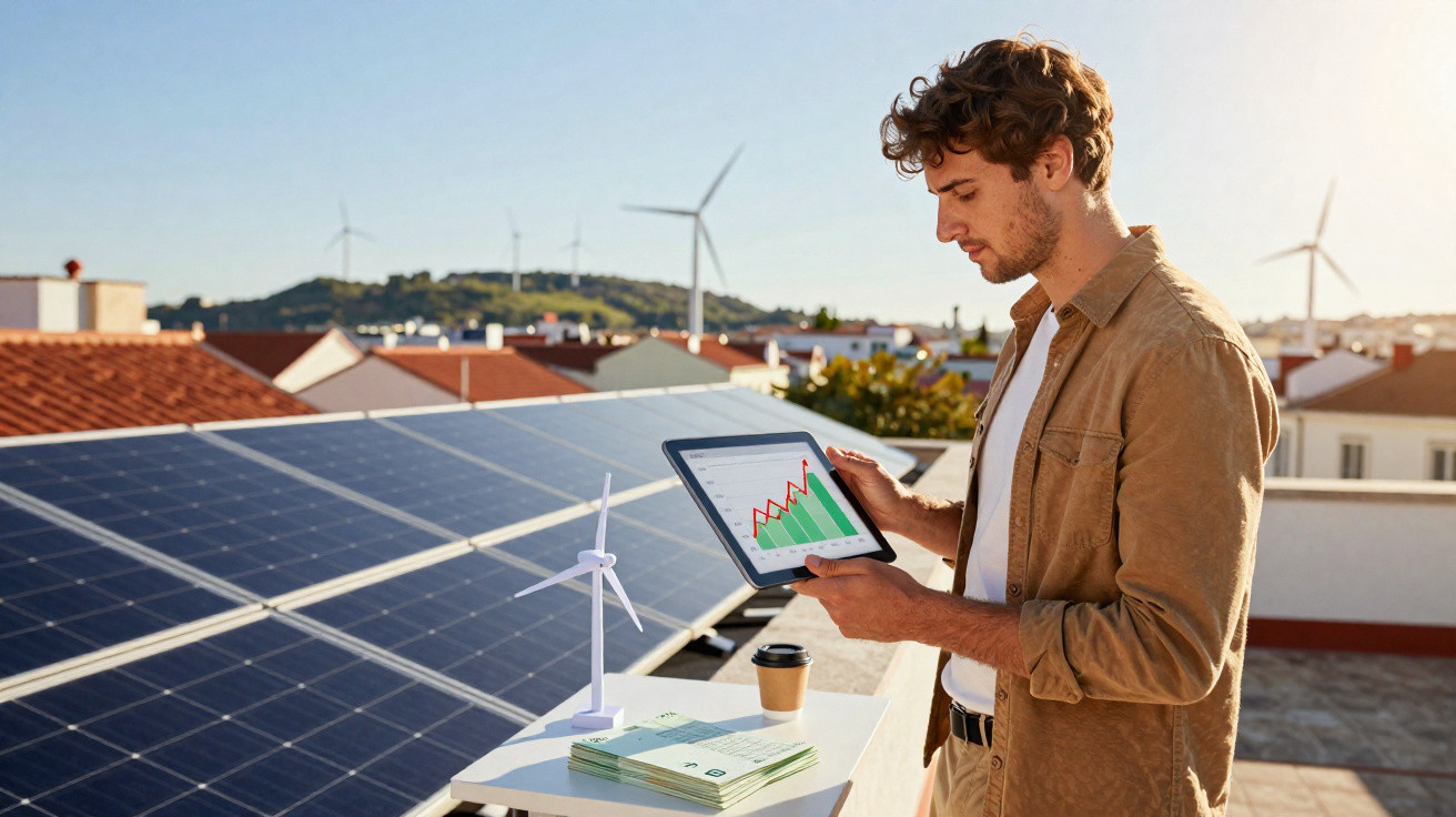Homem com tablet analisa gráfico de crescimento perto de painéis solares e modelo de turbina eólica ao ar livre.