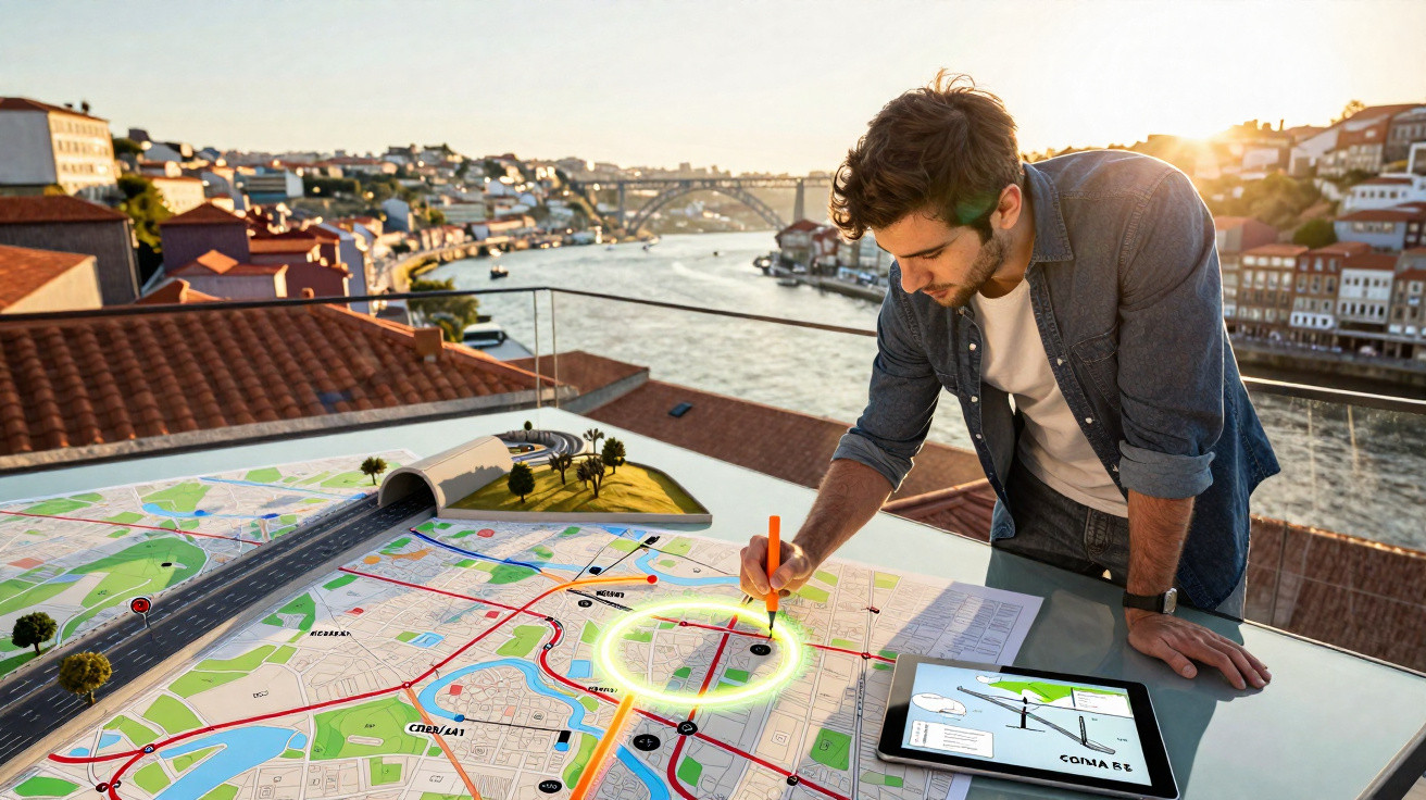 Homem a marcar rota num mapa grande sobre uma mesa com vista para o rio e ponte ao fundo.