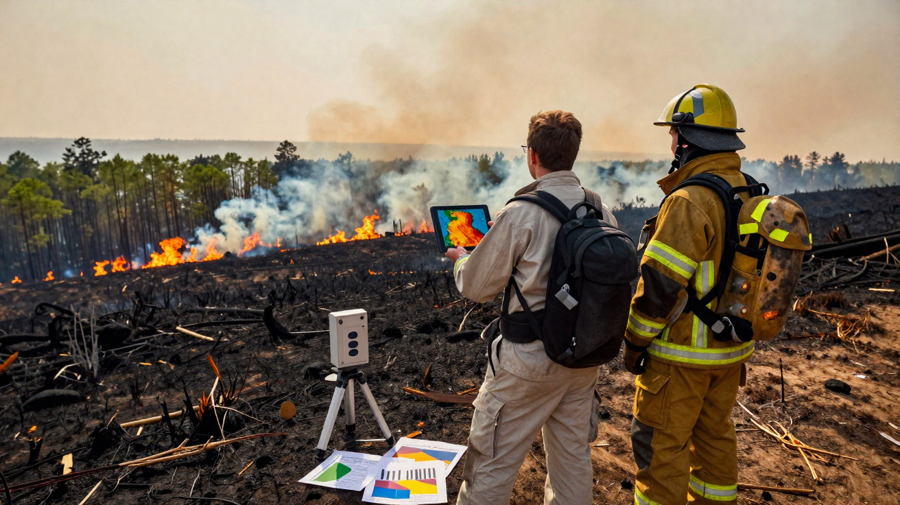Dois profissionais observam incêndio florestal, um com equipamento de proteção e o outro com computador portátil a analisar d
