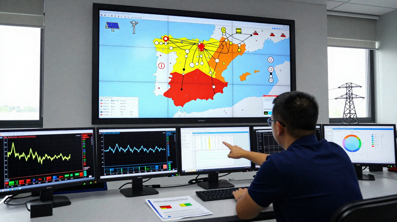 Homem a monitorizar gráficos e mapa da rede elétrica numa sala de controlo com vários ecrãs.