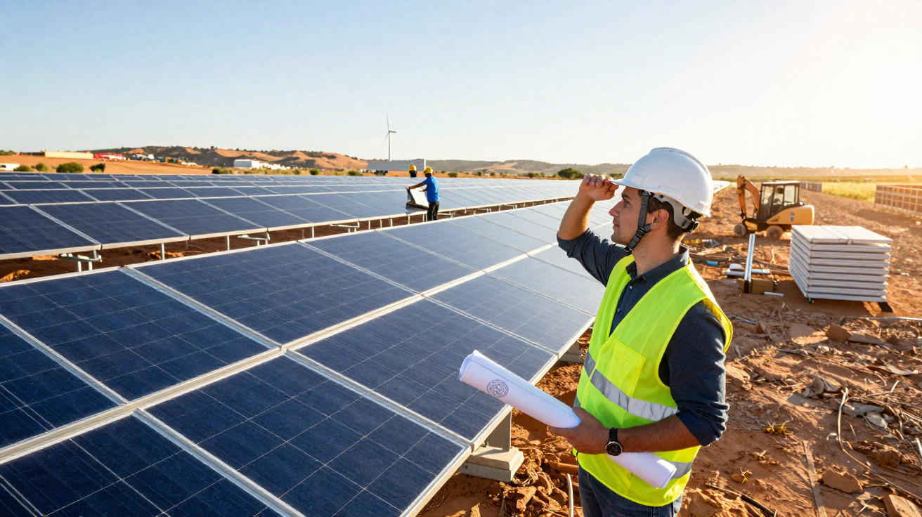 Engenheiro de capacete e colete a verificar painéis solares numa instalação ao ar livre.