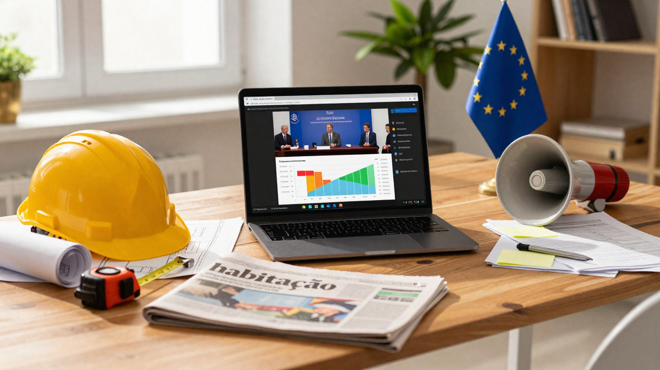 Mesa de trabalho com capacete, jornal, computador a mostrar gráfico, megafone e bandeira da União Europeia ao fundo.