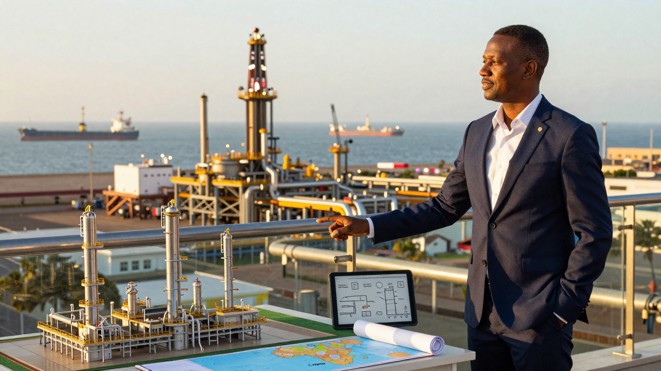 Homem de fato observa maquete de plataforma petrolífera com o mar e navios ao fundo ao pôr do sol.