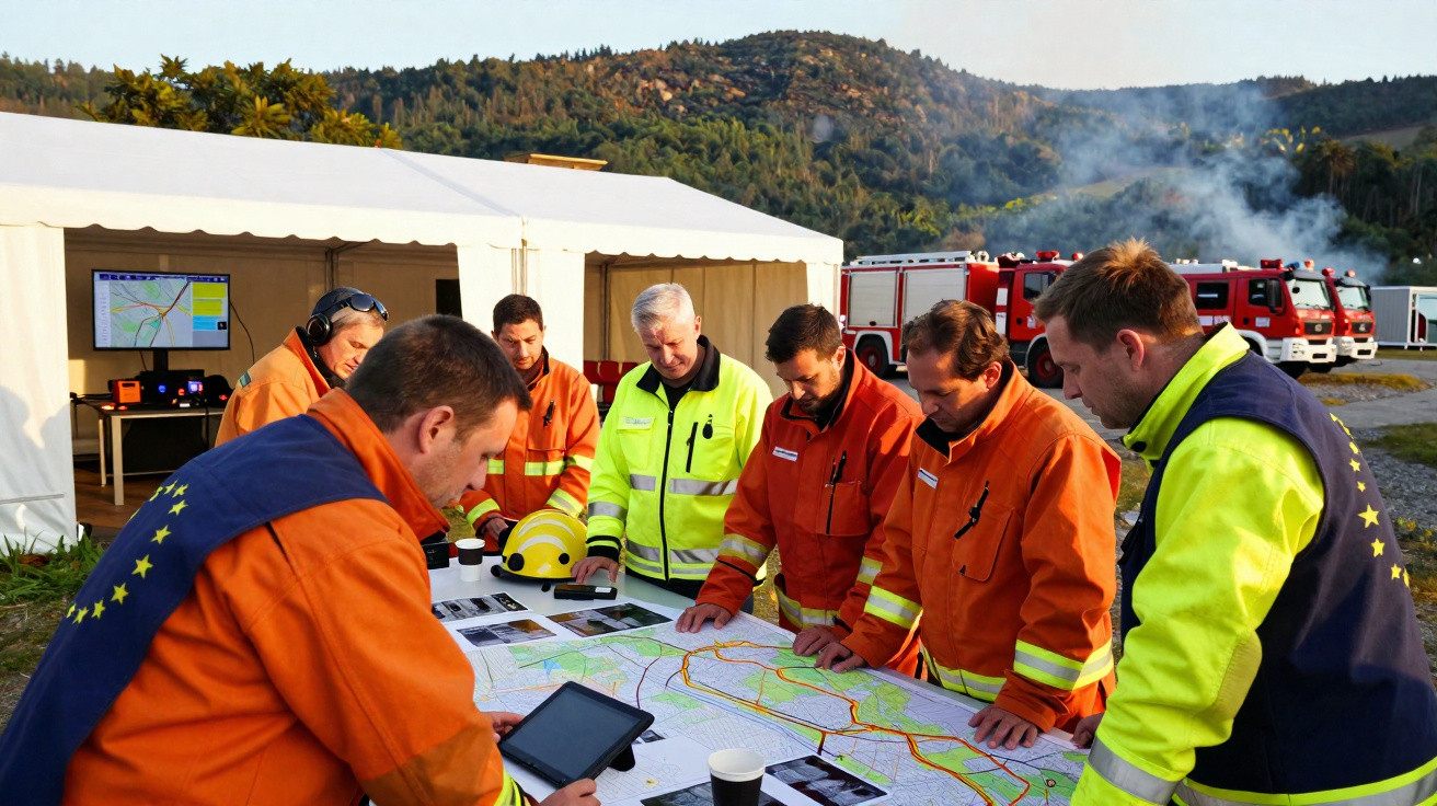 Equipa de emergência em reunião externa a planear estratégia com mapas e equipamentos ao ar livre.