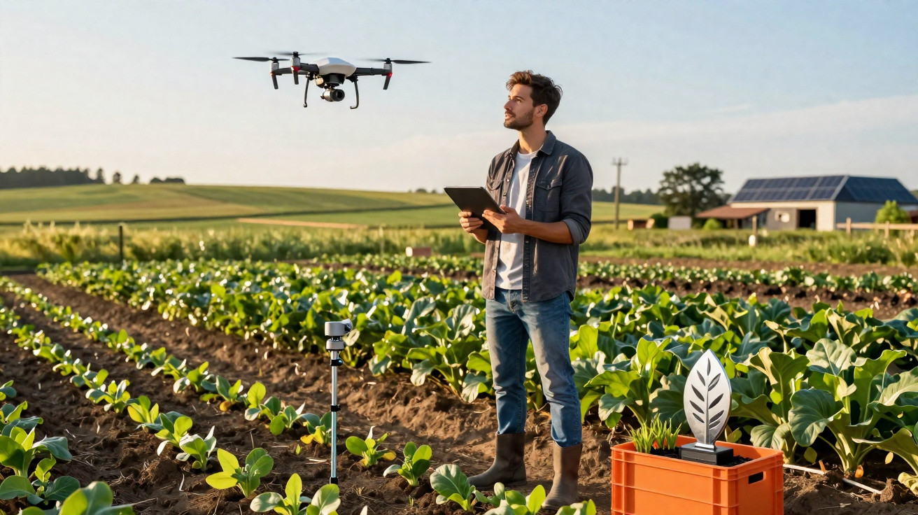 Homem a operar drone com tablet num campo agrícola, rodeado de plantas e equipamento tecnológico.