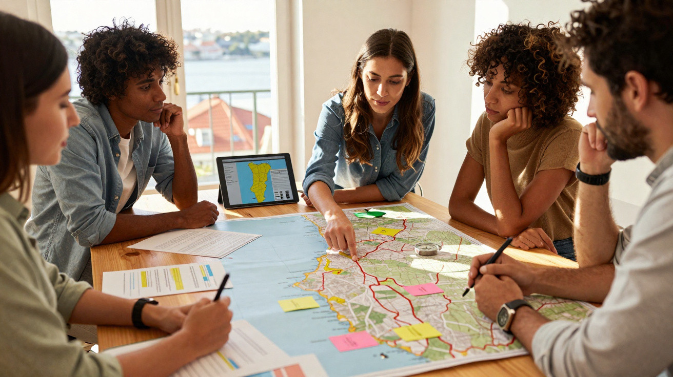 Grupo de cinco pessoas reunidas em torno de mapa, discutindo e a tomar notas numa sala iluminada.