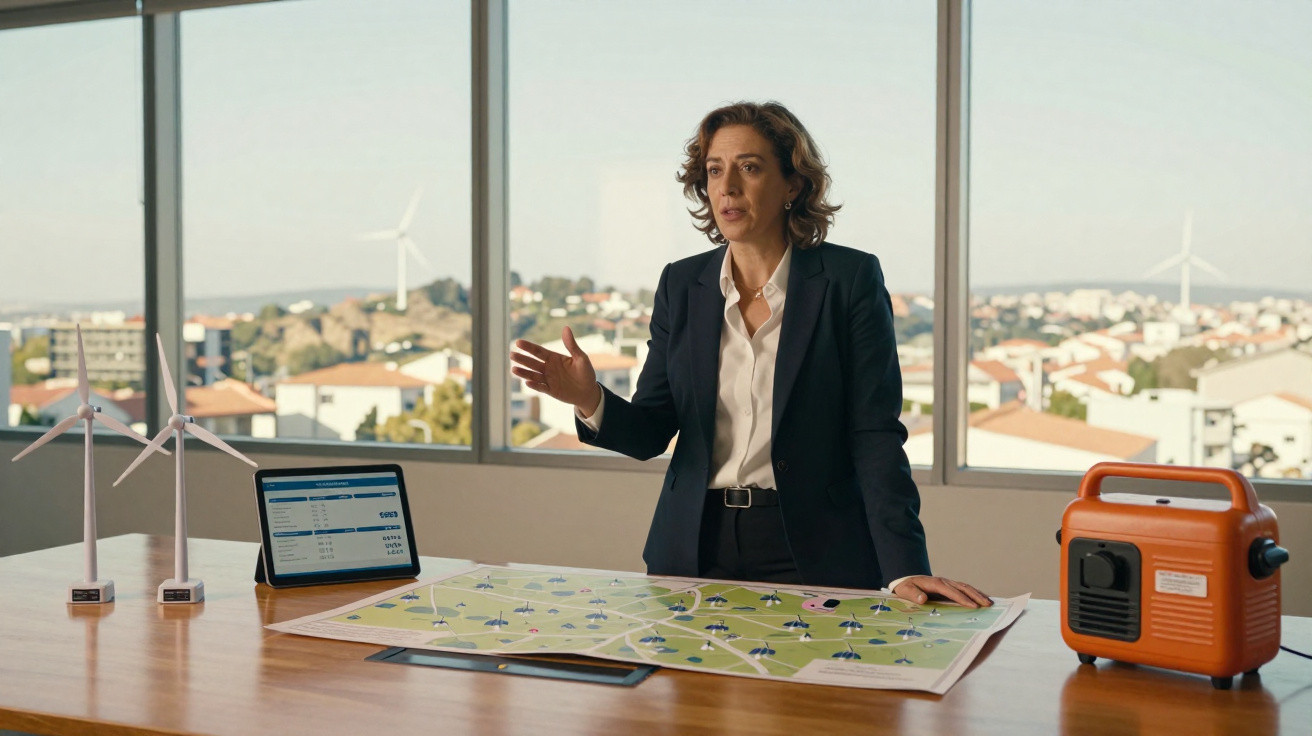 Mulher a apresentar projeto de energia renovável com modelos de turbinas e tablet numa sala com vista para a cidade.