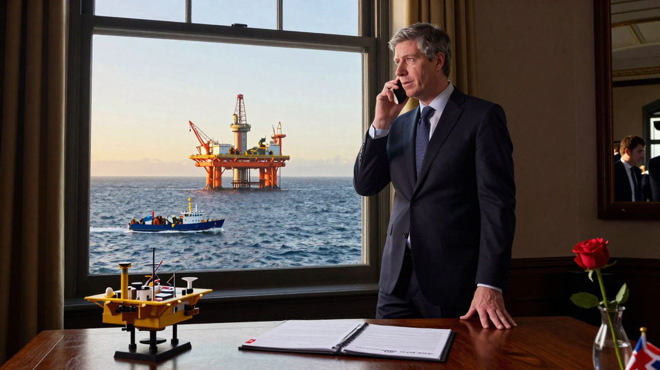 Homem de fato ao telefone junto a secretária com modelo de plataforma petrolífera e janela com vista para plataforma real no 