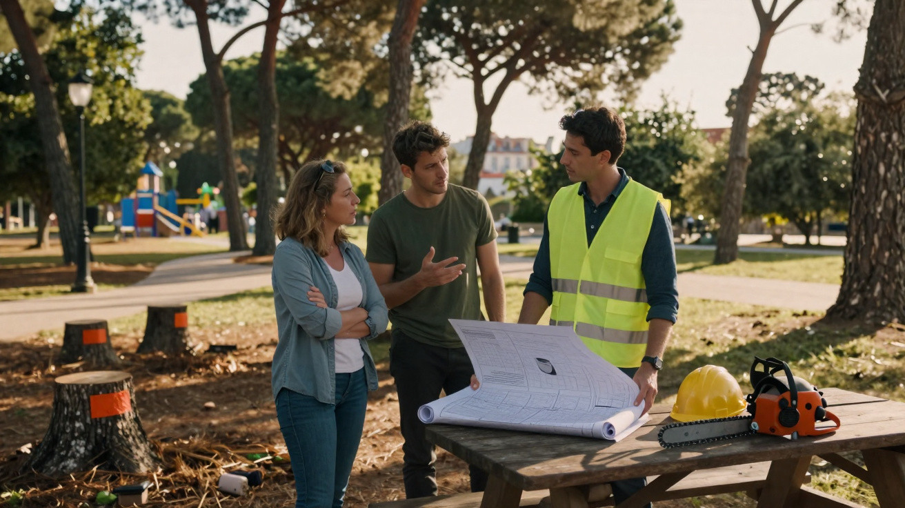 Três pessoas debatendo planos junto a mesa de madeira num parque, com motosserra e capacete.