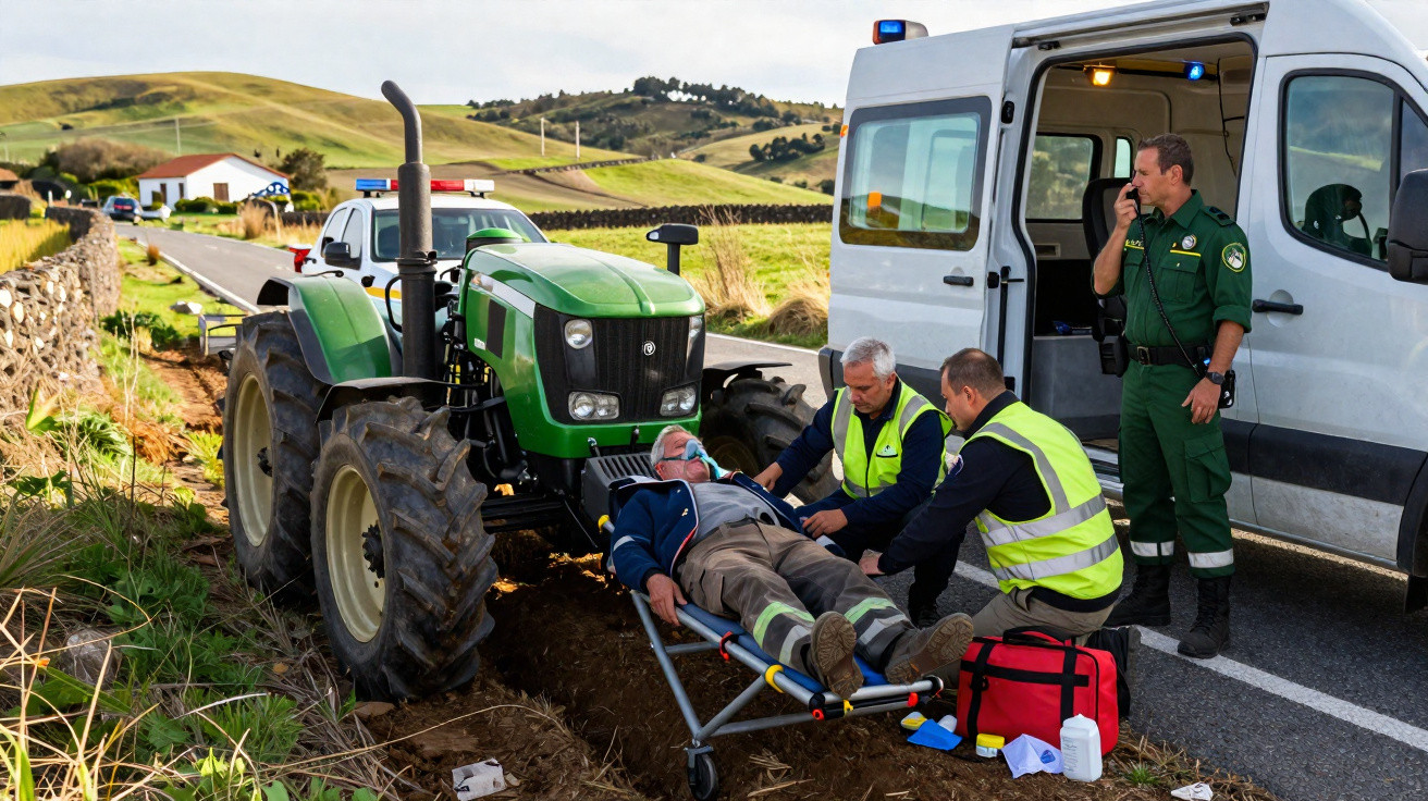 Homem ferido é assistido por socorristas junto a trator e ambulância numa estrada rural.