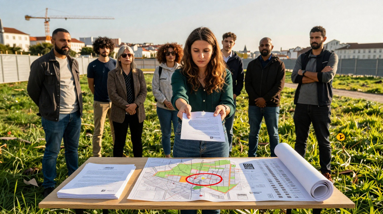 Grupo de pessoas ao ar livre analisando planta urbana numa mesa com documentos numa área verde.