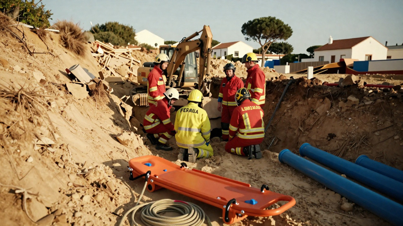 Equipa de resgate com capacetes e uniformes em área de deslizamento de terra junto a escavadora e material de socorro.