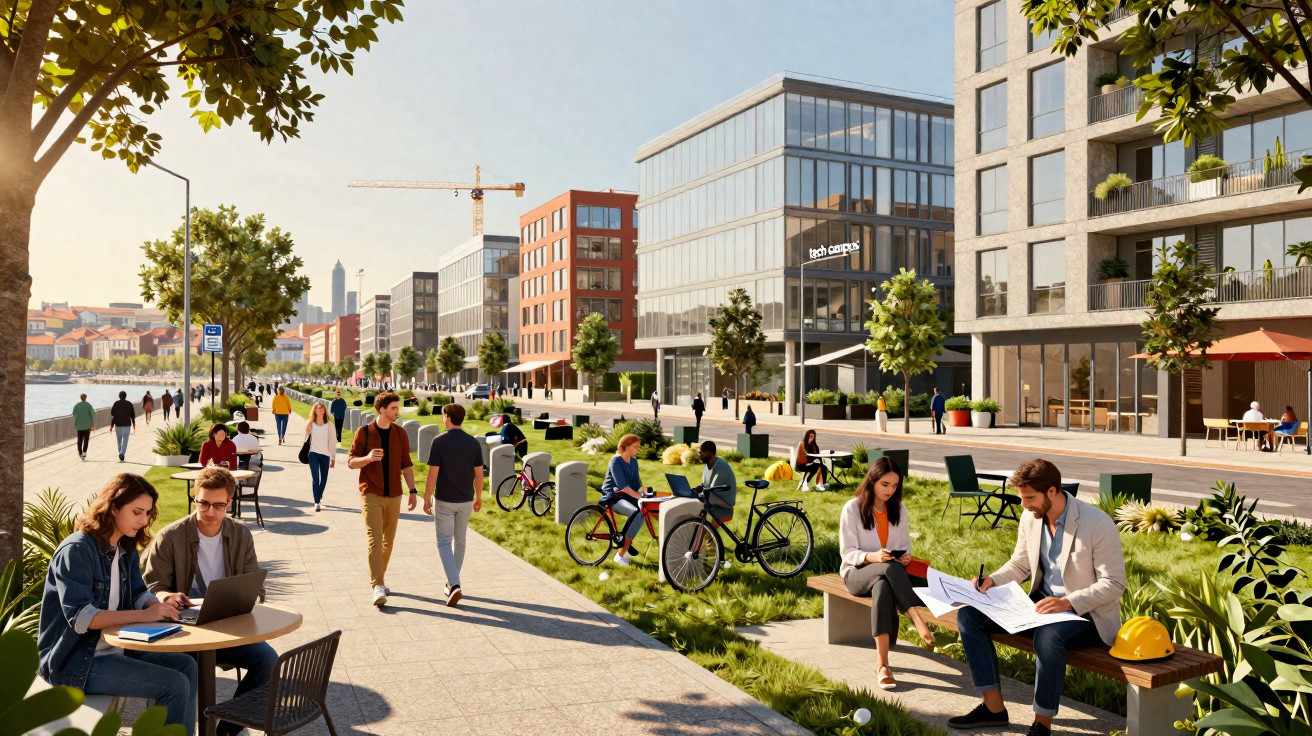 Pessoas a passear e trabalhar ao ar livre numa zona urbana moderna junto a um rio com edifícios e áreas verdes.