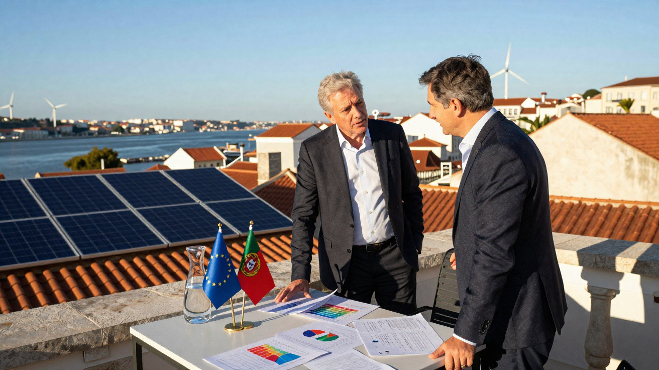 Dois homens em fato discutem documentos junto a painéis solares e bandeiras da UE e de Portugal.