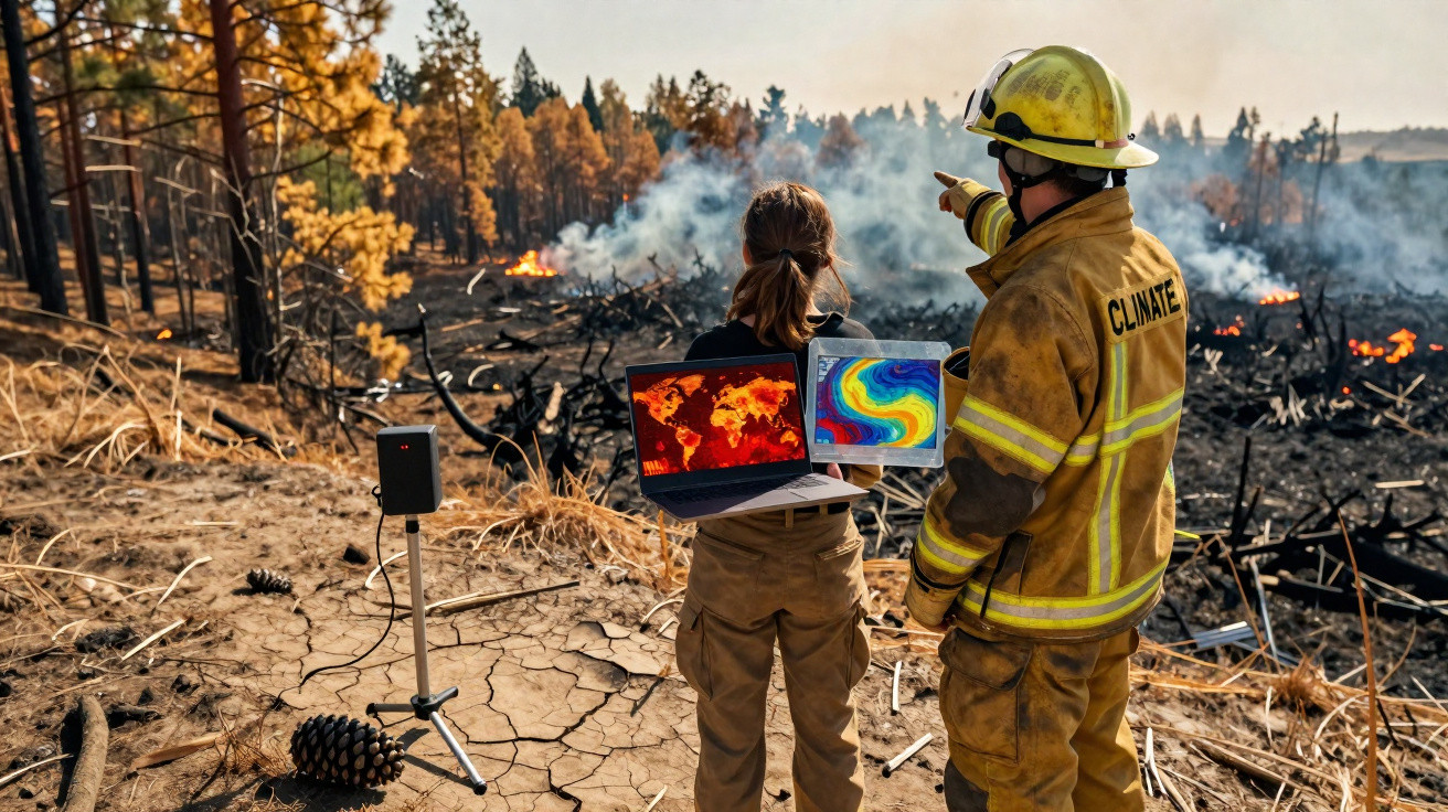 Dois especialistas com equipamento a monitorizar incêndio florestal numa paisagem ardida e seca.