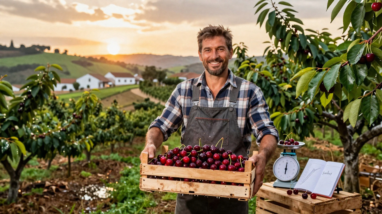 Agricultor sorridente segura caixa de cerejas numa plantação ao pôr do sol com balança e caderno ao lado.