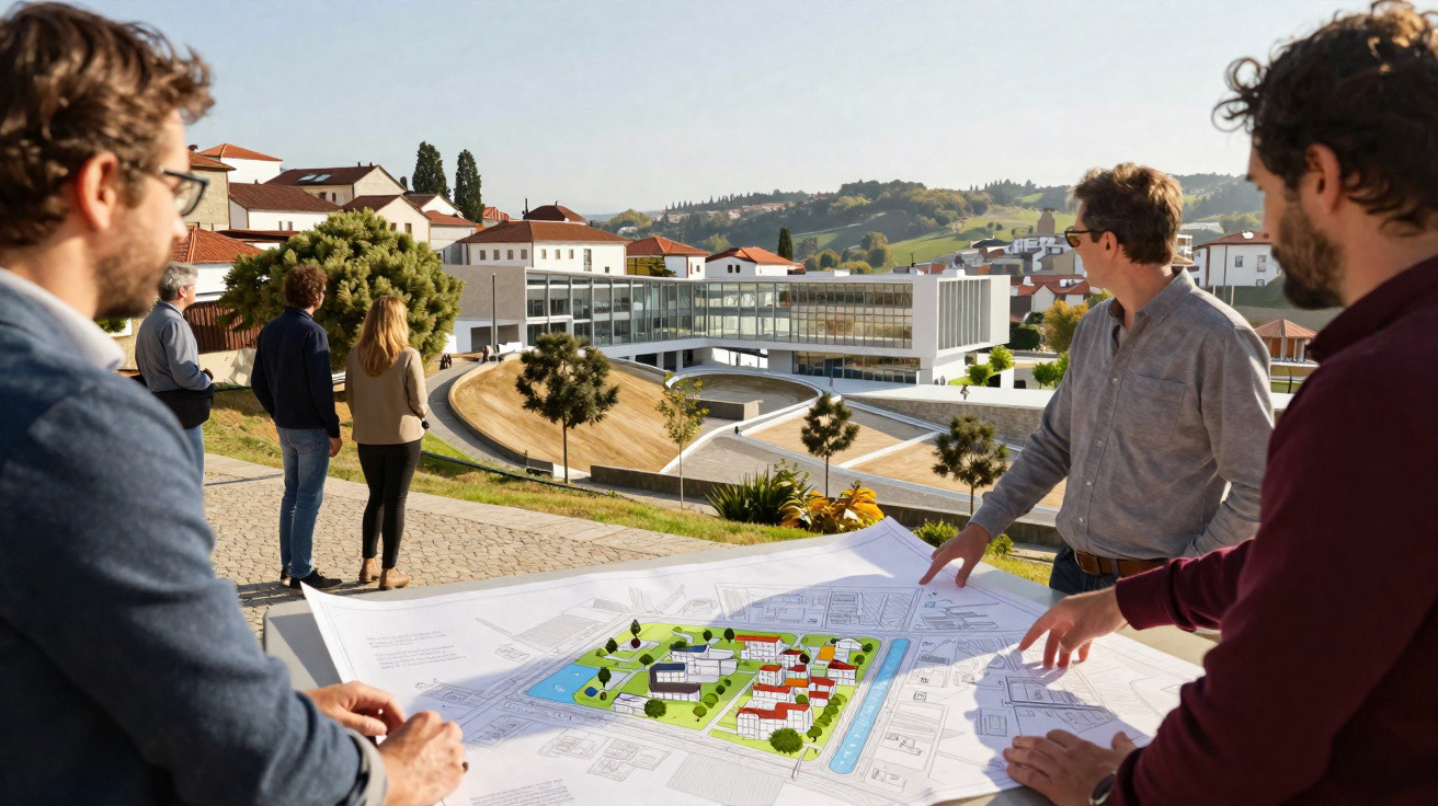 Grupo de pessoas a analisar planta arquitetónica com edifício moderno e paisagem urbana ao fundo.