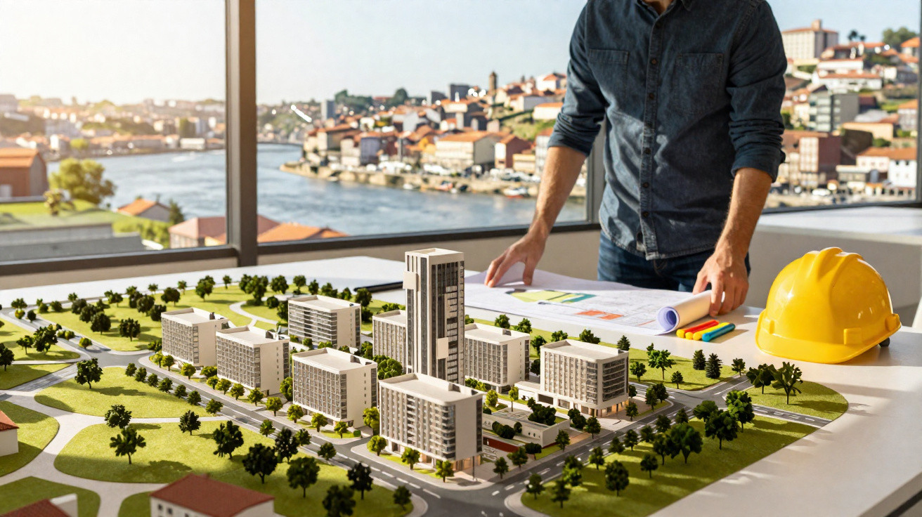 Maquete de projeto urbano com edifícios e áreas verdes, com vista para rio e cidade ao fundo.