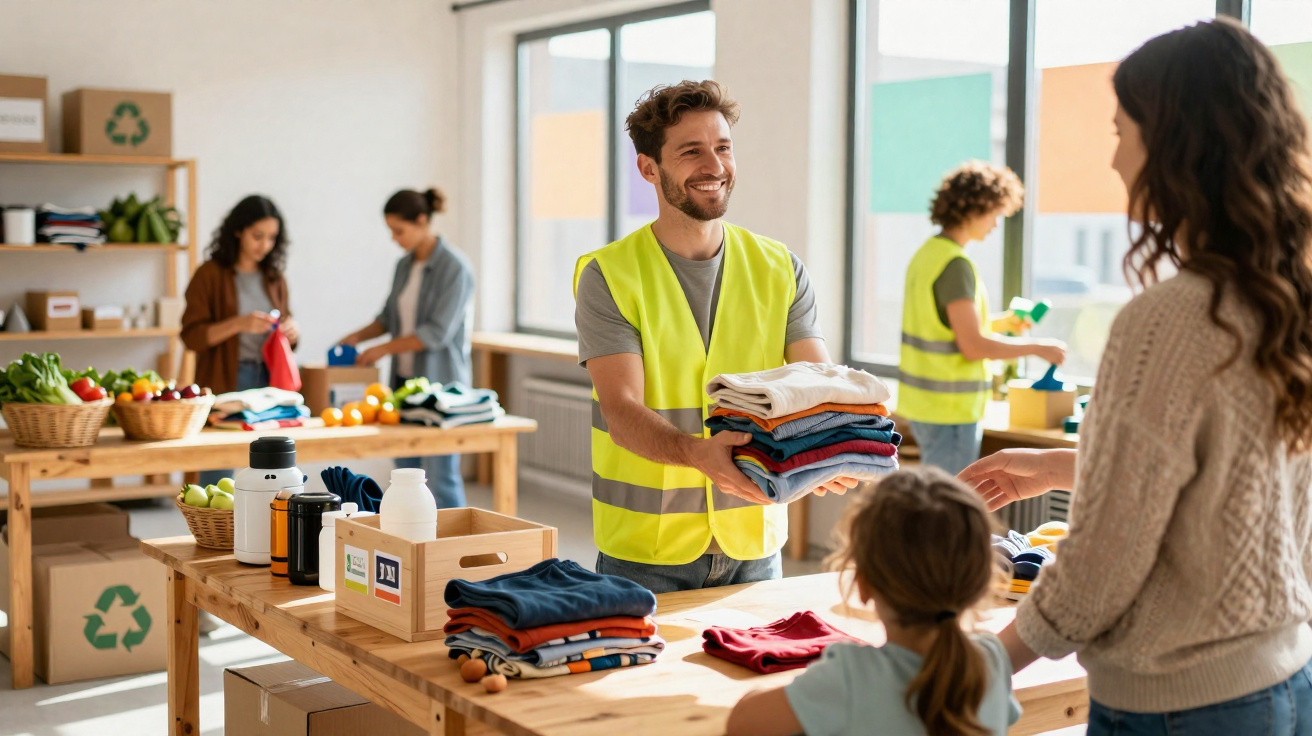 Voluntário com colete refletor distribui roupas dobradas numa loja solidária para mãe e filha.